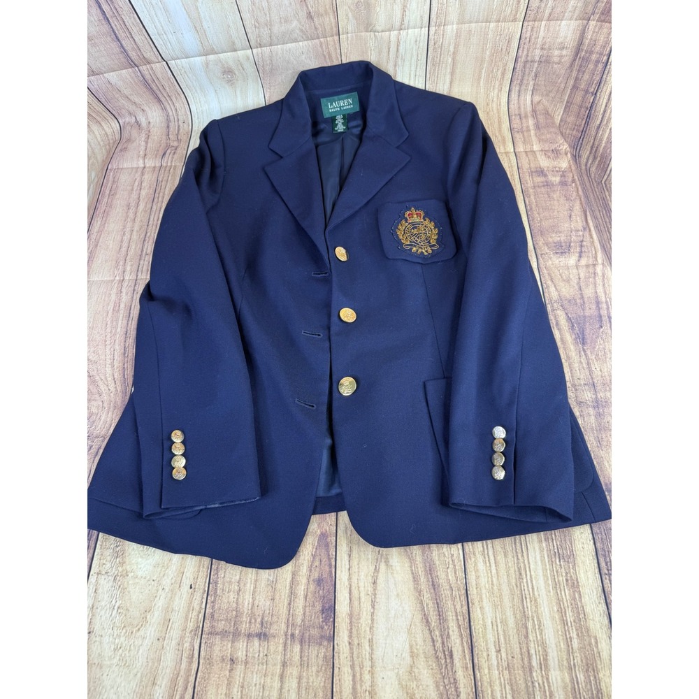Lauren Ralph Lauren Navy Blue 100% Wool Crest Blazer Gold Buttons Size 10